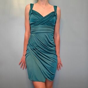 MNG Suit Teal Ruched Mini Dress Women's XS Wedding Guest Cocktail Draped 90s Y2k